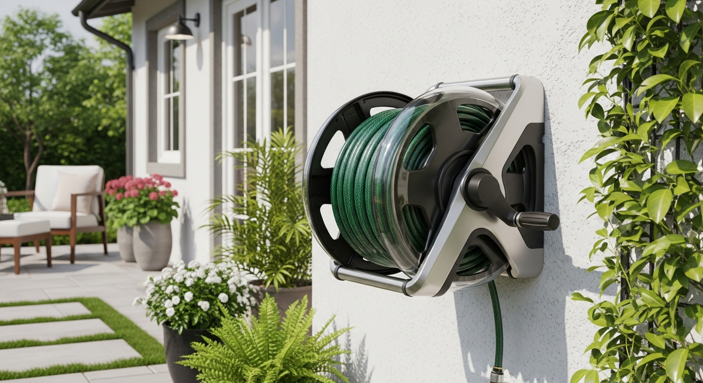 Giraffe Tools retractable garden hose reel mounted on outdoor shed wall with coiled hose
