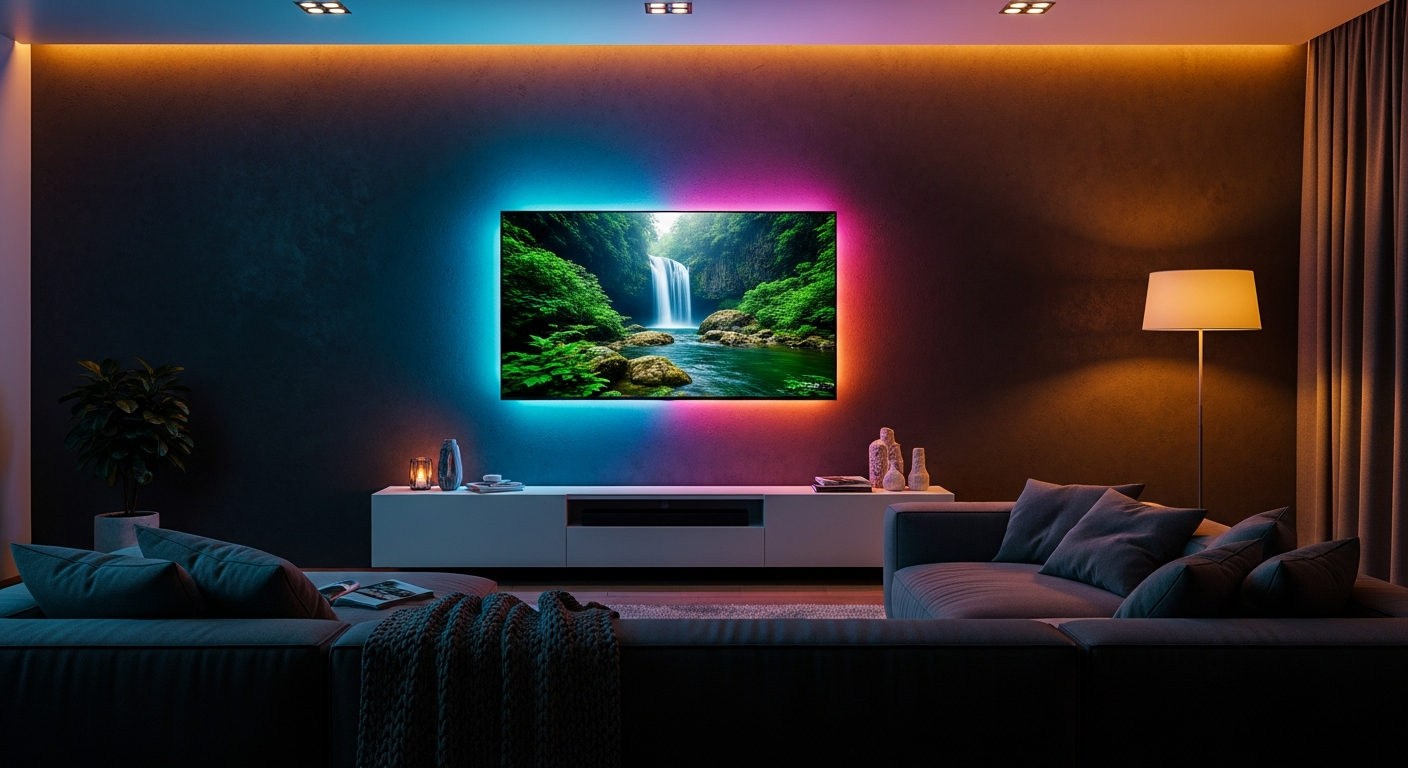 Govee Envisual TV Backlight T2 with dual cameras mounted on top of television displaying immersive ambient lighting