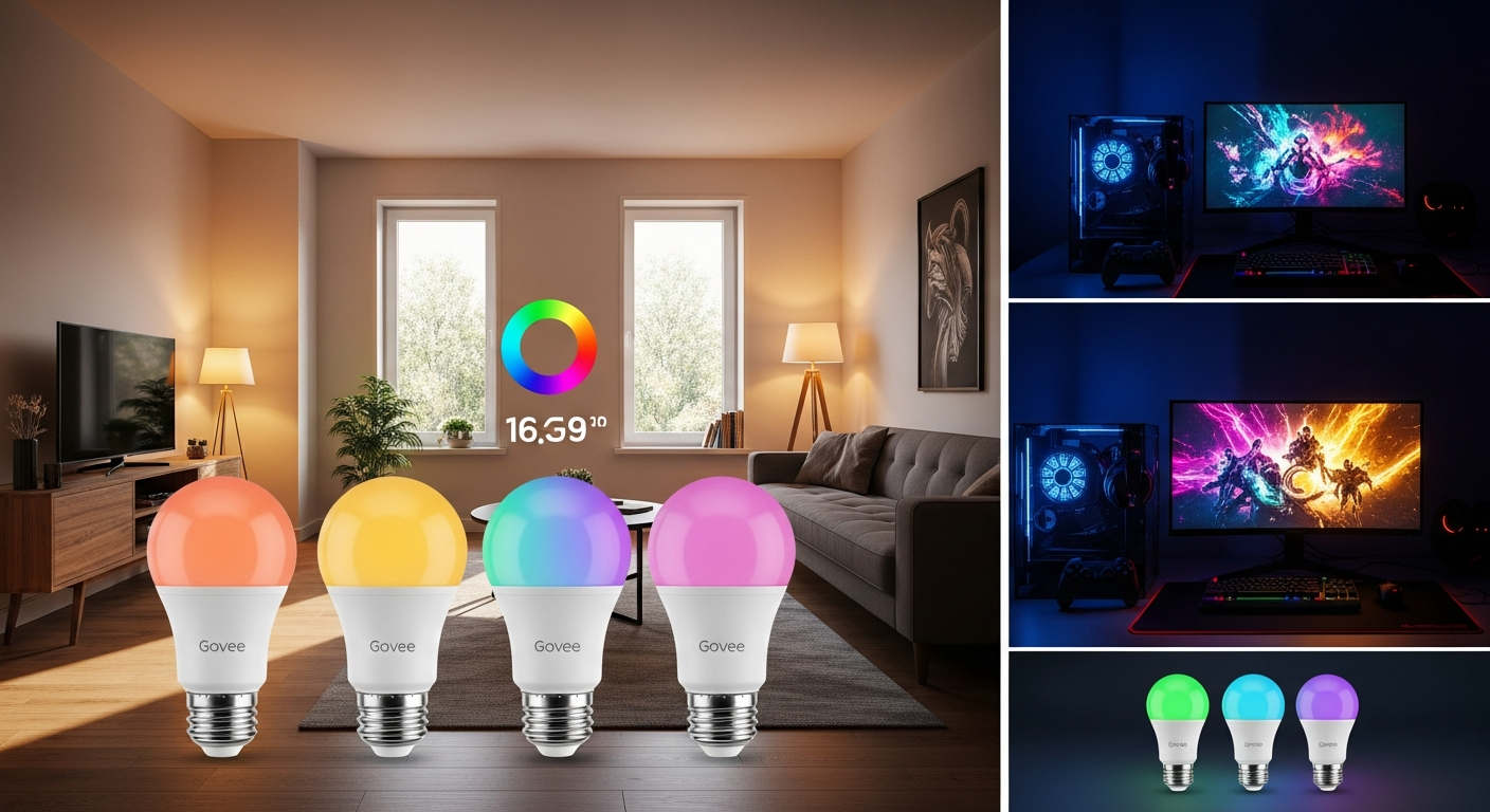Govee Smart Light Bulbs 4-Pack displaying vibrant RGB colors syncing with gaming and music entertainment setup