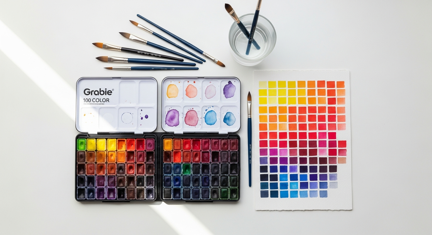 Grabie 100-color watercolor paint set in metal tin with water brushes and accessories displayed