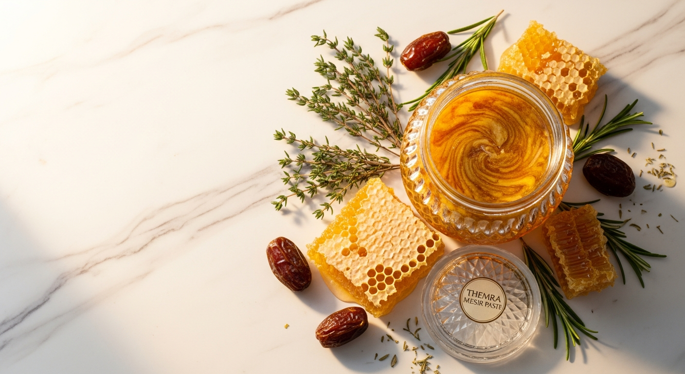 Themra Turkish Mesir Paste with Epimedium Honey jar displayed with traditional Turkish ingredients and golden honey drizzle