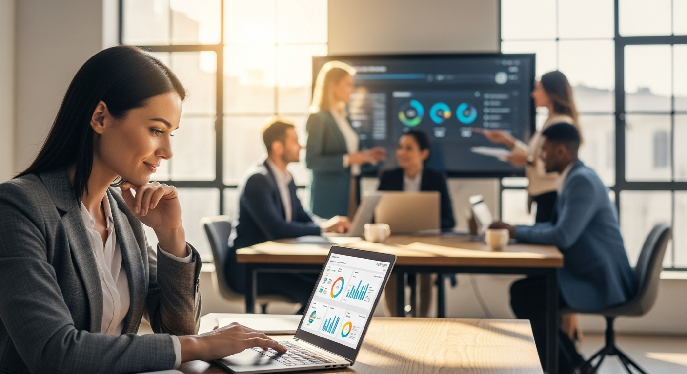 Service-based business owner using Growbee automation platform on laptop to manage client communications