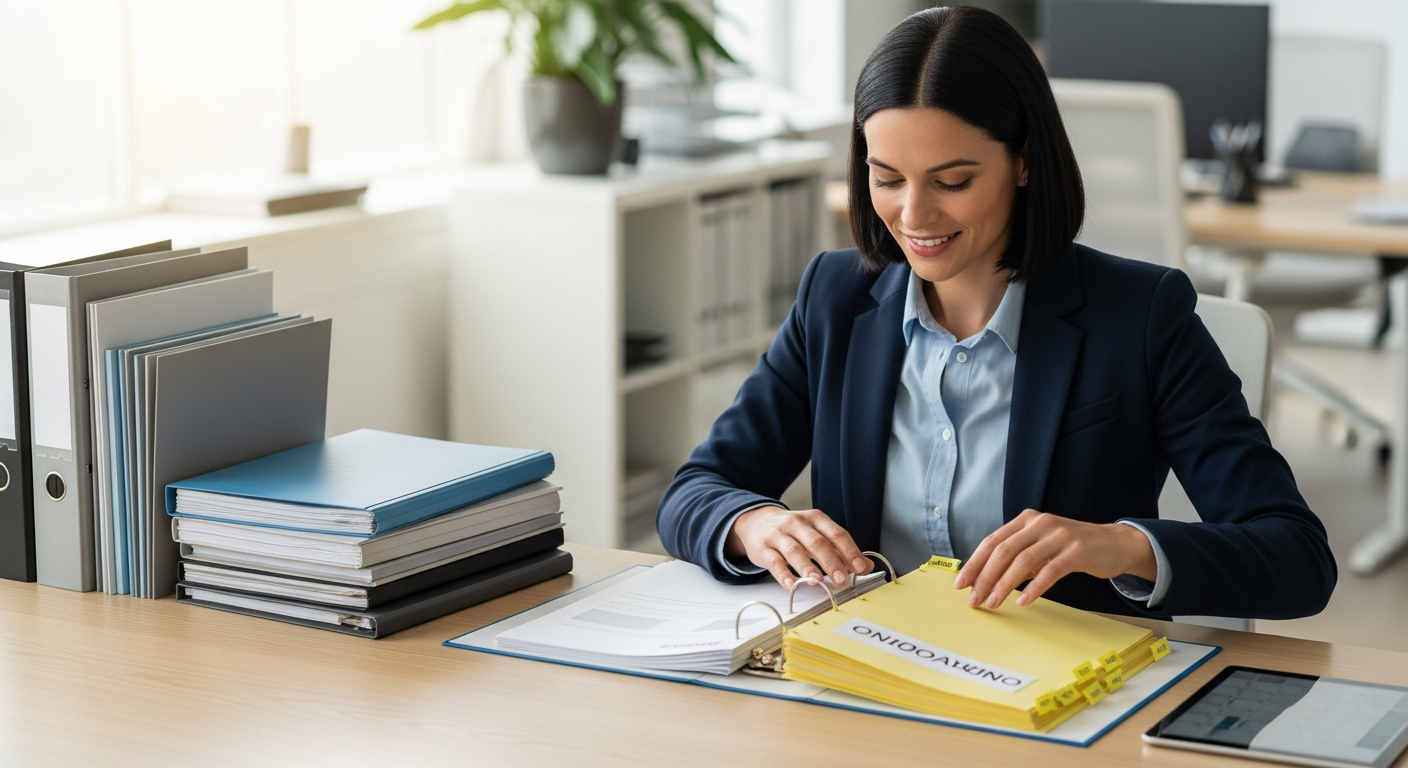 Professional HR department organizing employee records and compliance documents in Universal 3-Ring View Binders with transparent covers