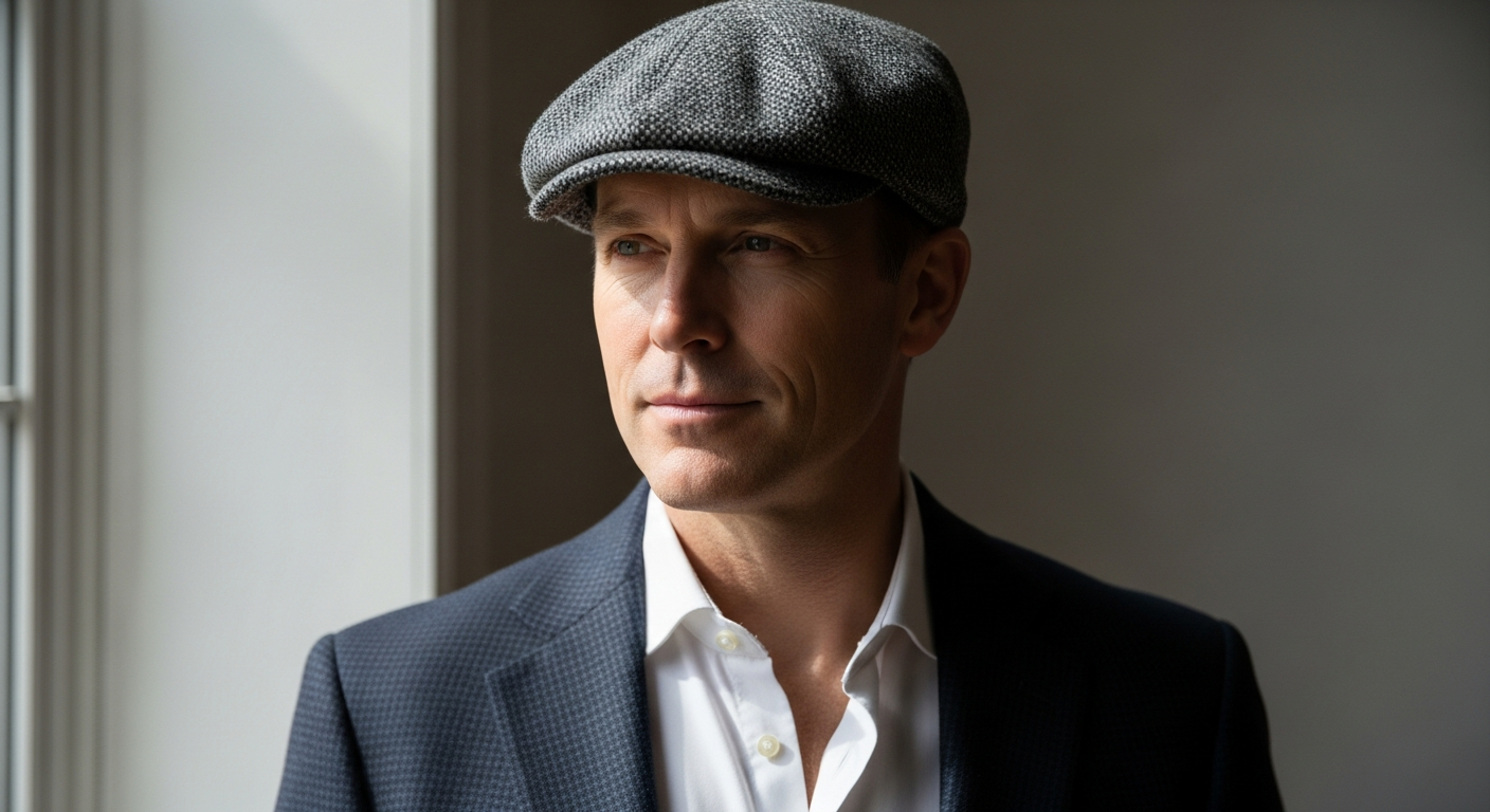 Stetson Hatteras flat cap displayed in wool and cotton materials showing eight-panel construction design