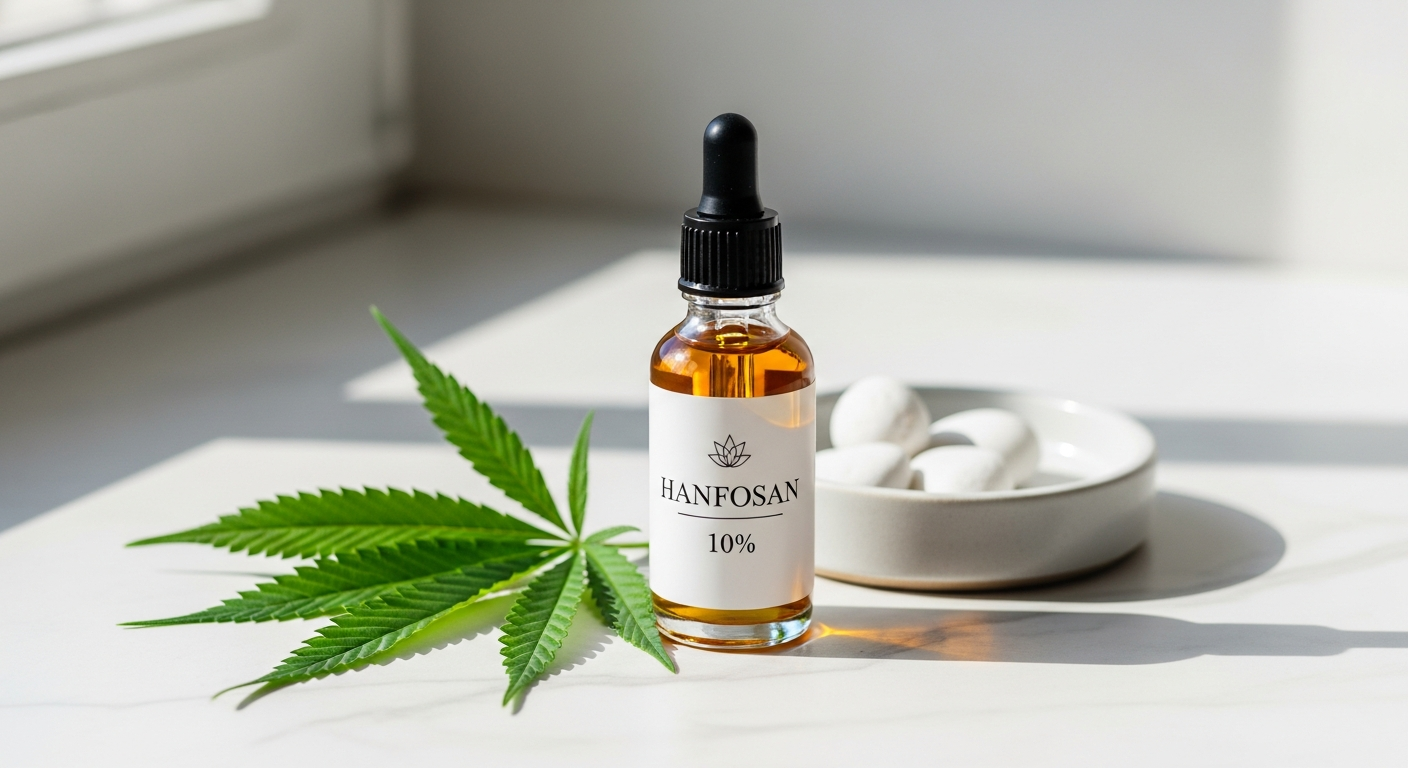 Hanfosan CBD Premium Oil 10% bottle with organic hemp leaves and laboratory testing certification