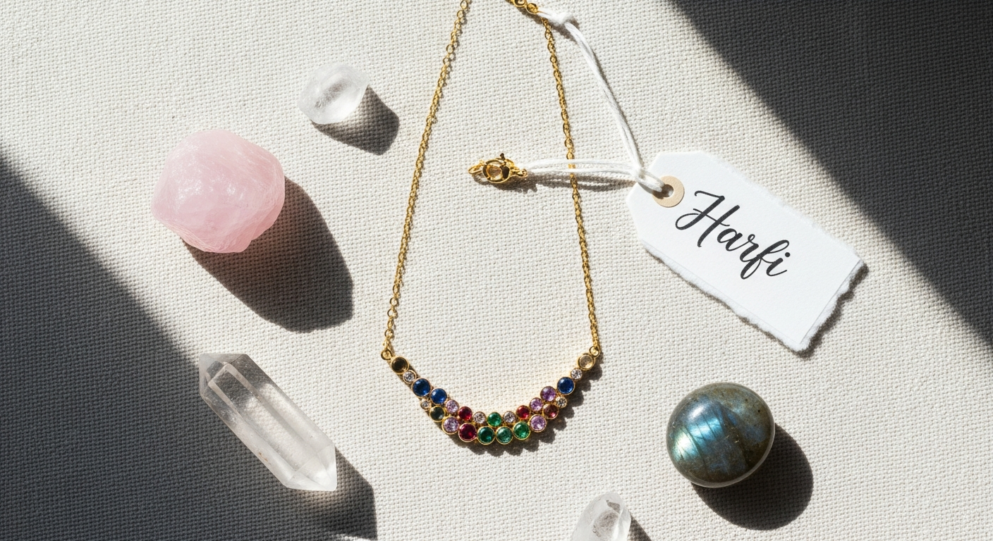 Harfi Rainbow Multi Gemstone Gold Necklace featuring vibrant multicolored gemstone crystals on gold vermeil chain