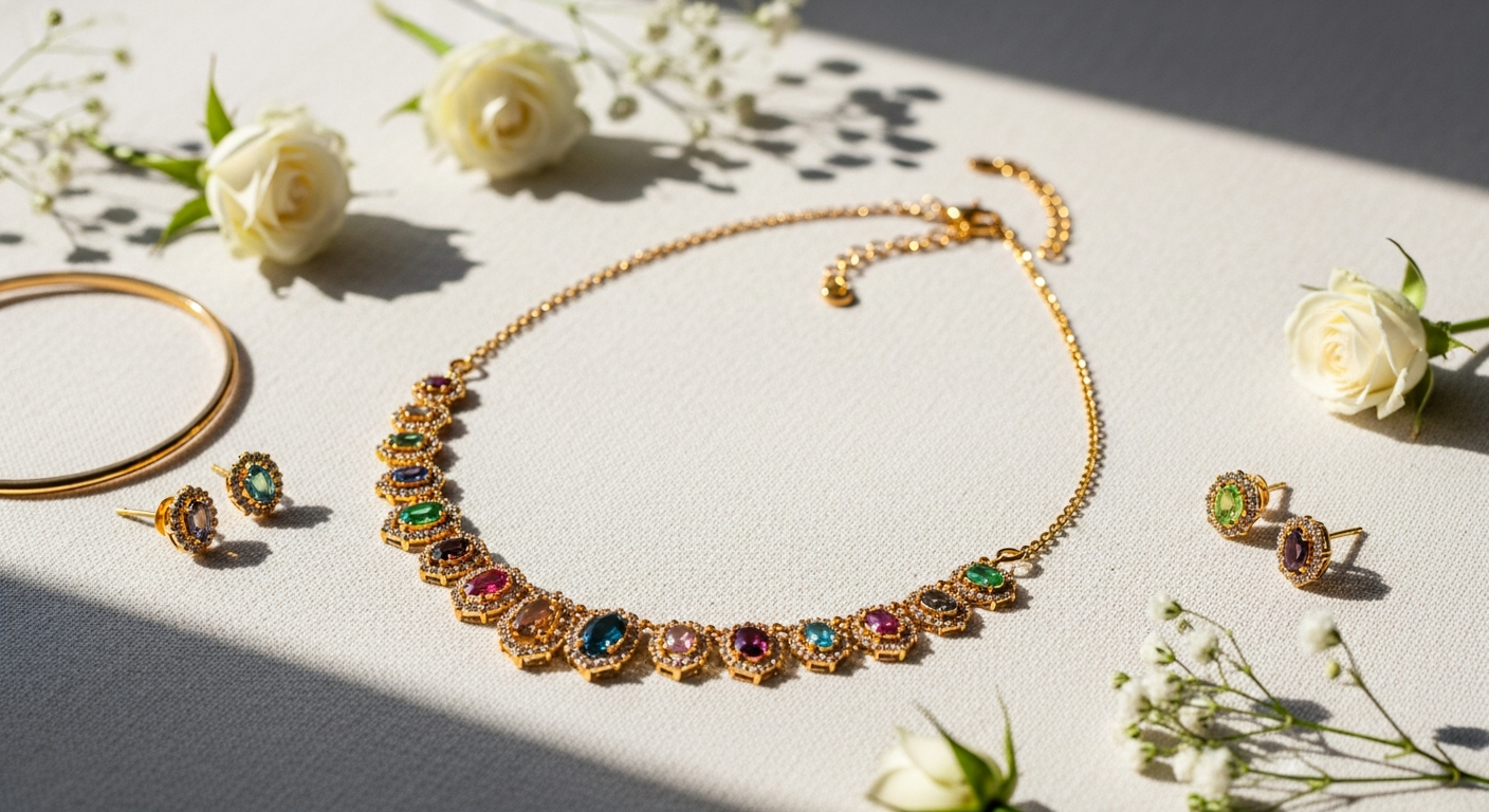 Harfi Rainbow Multi Gemstone Gold Vermeil Necklace featuring amethyst and turquoise stones