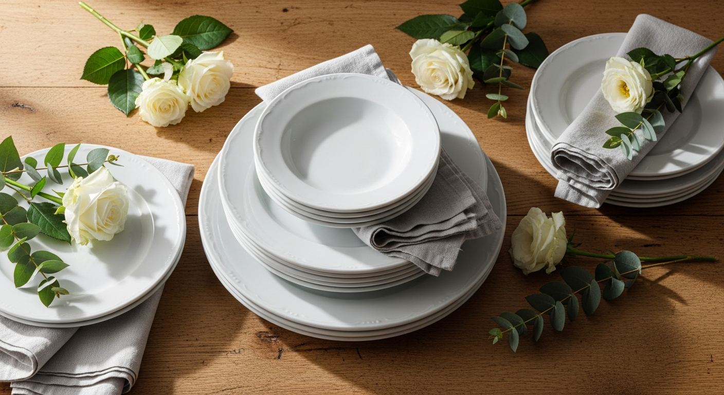 Denby White Porcelain Dinner Plate displayed on a modern table setting with cutlery and glassware