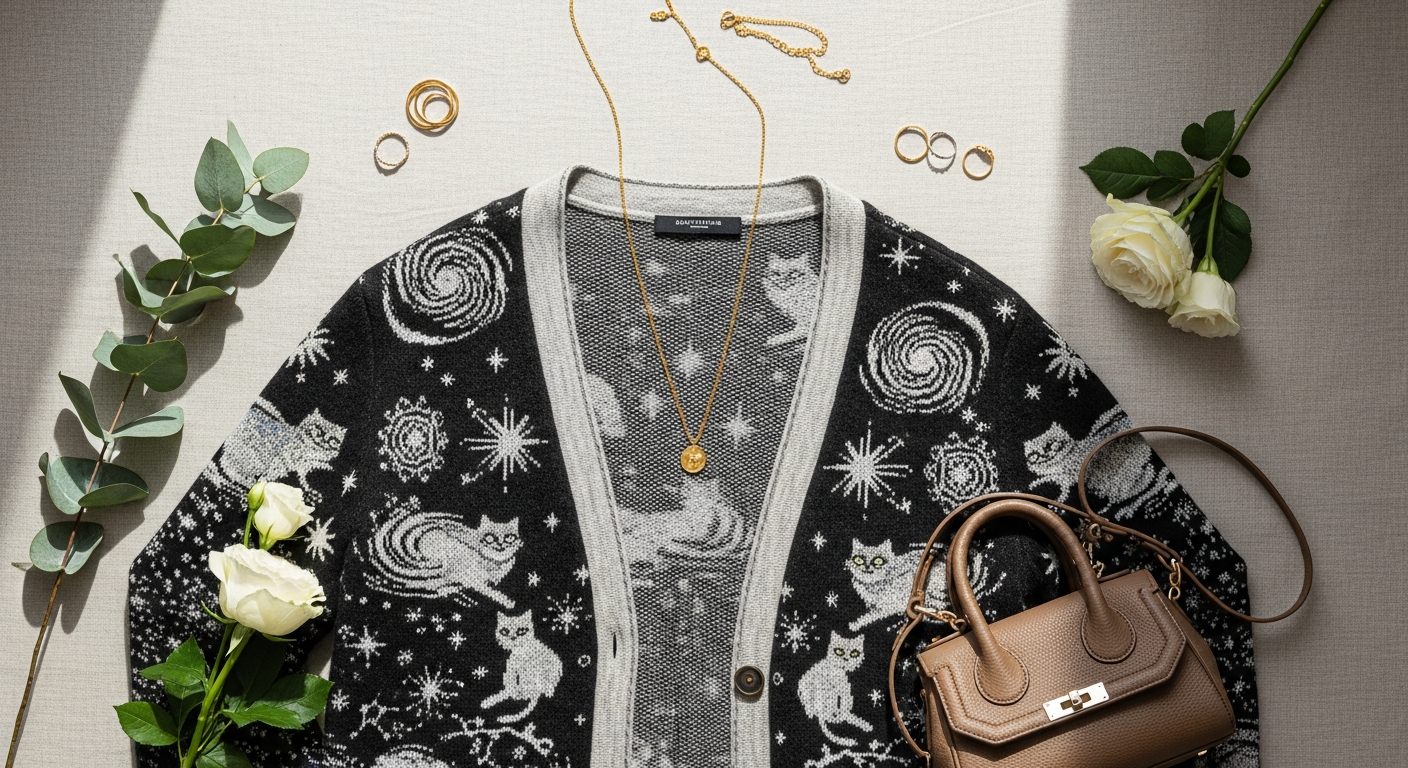 Hayley Menzies Cosmic Cat Cardigan with bold leopard print and whimsical cosmic cat motif in luxury merino wool blend