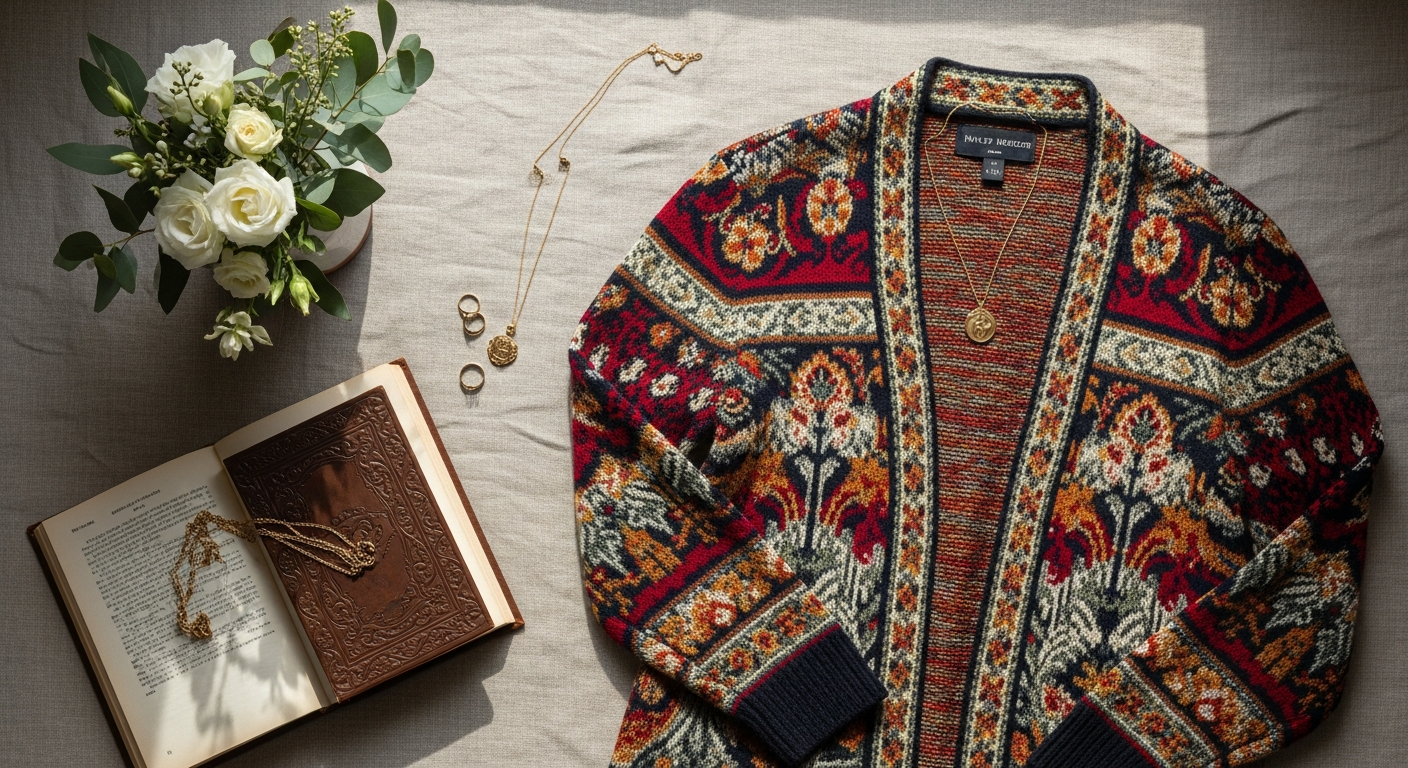 Luxurious Hayley Menzies statement cardigan featuring intricate jacquard patterns and bohemian design elements