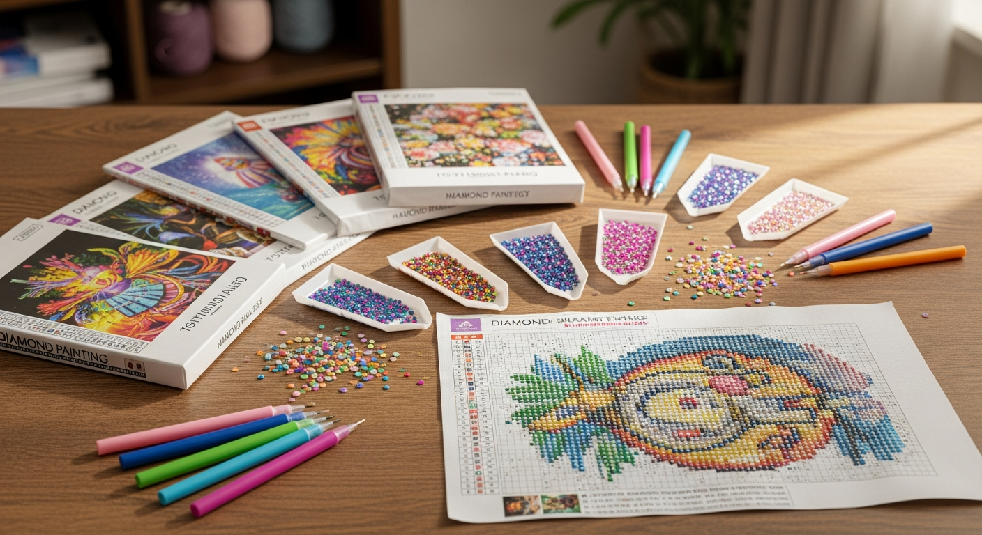 Colorful diamond painting kit with drills, canvas, applicator pen, and wax pad displayed