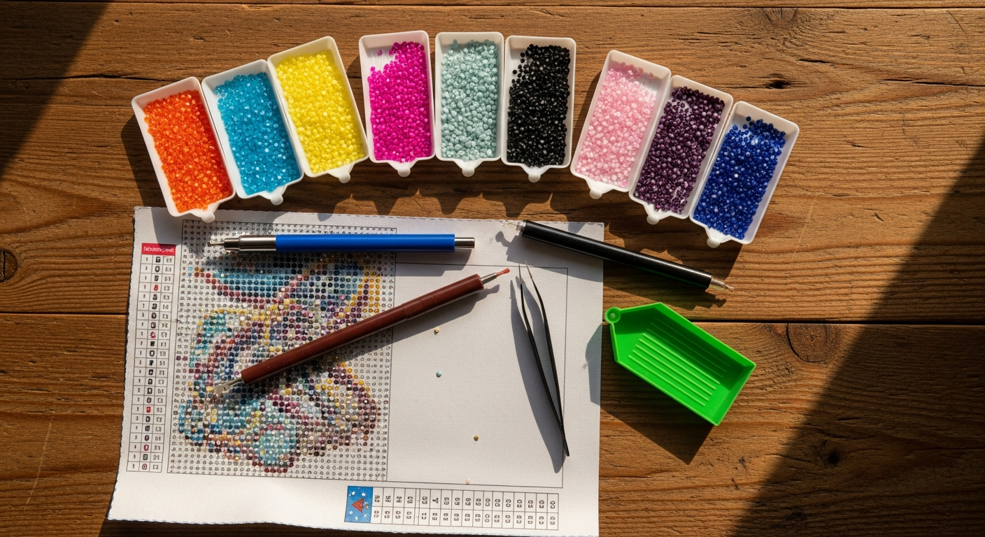 Colorful full drill diamond painting kit with sparkly resin diamonds and applicator stylus