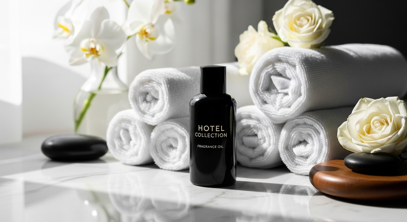 Hotel Collection My Way Fragrance Oil bottle displayed in a luxury hotel-inspired bedroom setting