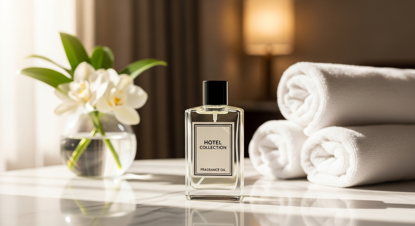 Hotel Collection My Way Fragrance Oil bottle displayed next to a luxury hotel-inspired home interior with diffuser
