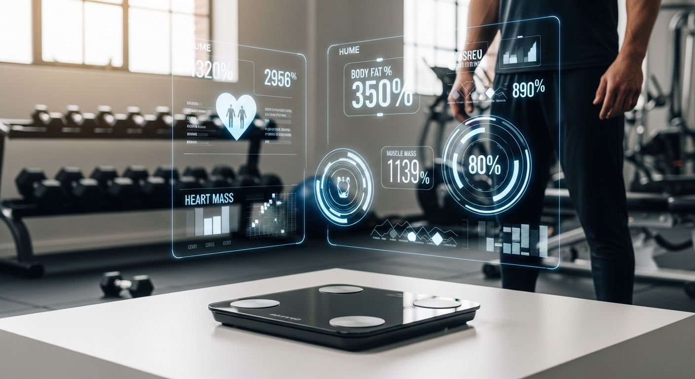 Hume Body Pod smart scale displaying body composition metrics on digital screen with athlete holding handle