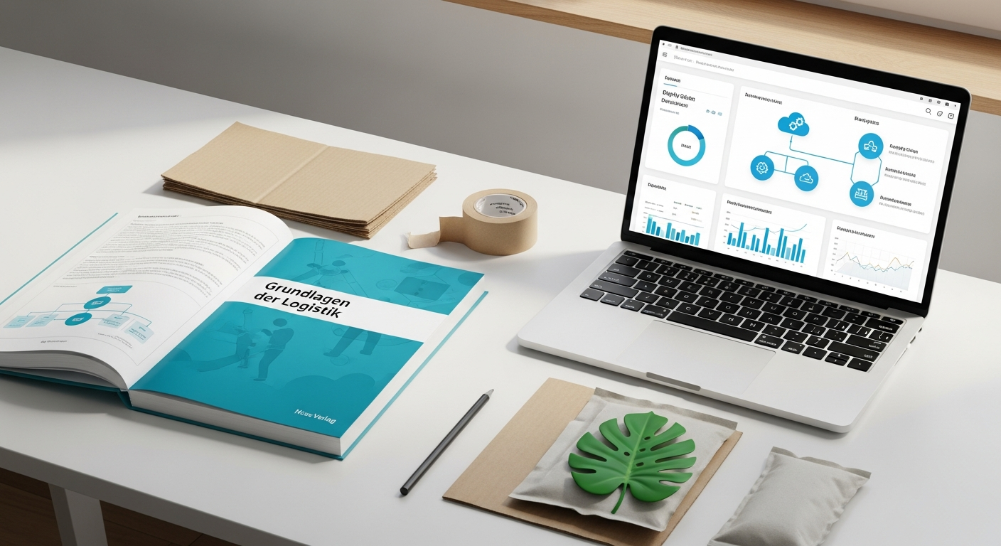 Grundlagen der Logistik Buch Cover mit grünem Logistik-Symbol und digitalen Transformationselementen