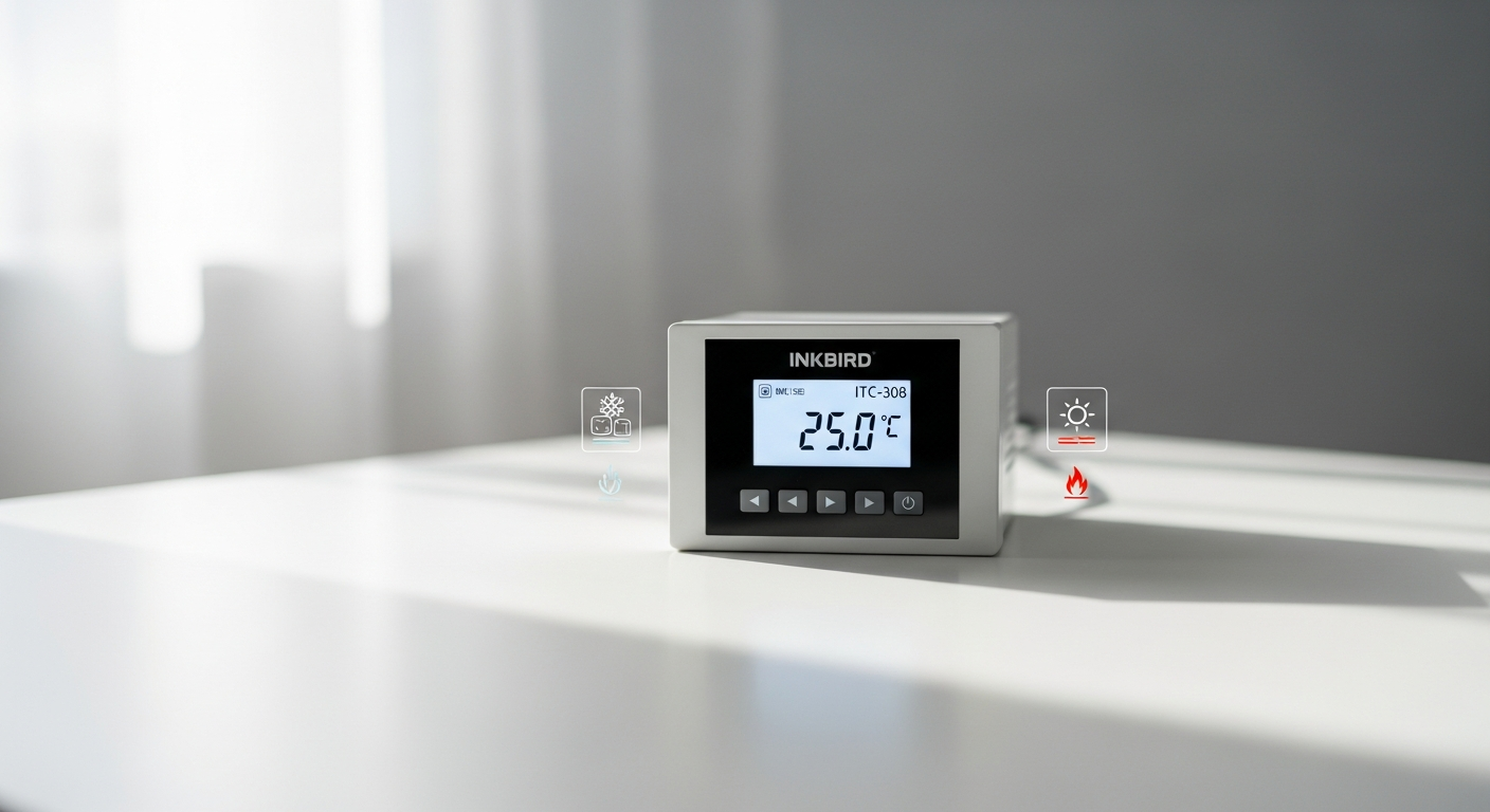Inkbird ITC-308 temperature controller with dual display showing heating and cooling outputs for precise temperature management