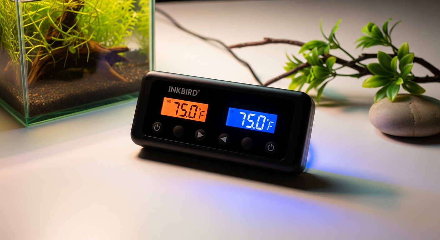 Inkbird ITC-308 dual stage temperature controller with dual display showing current and target temperatures for aquarium and reptile enclosure climate control