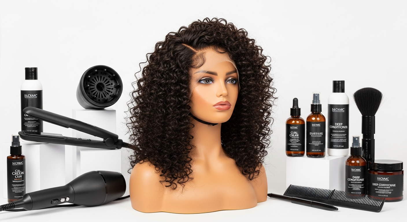 ISEE Hair M-Cap Kinky Curly Glueless Wig displayed on mannequin head showing HD lace hairline and full curl pattern