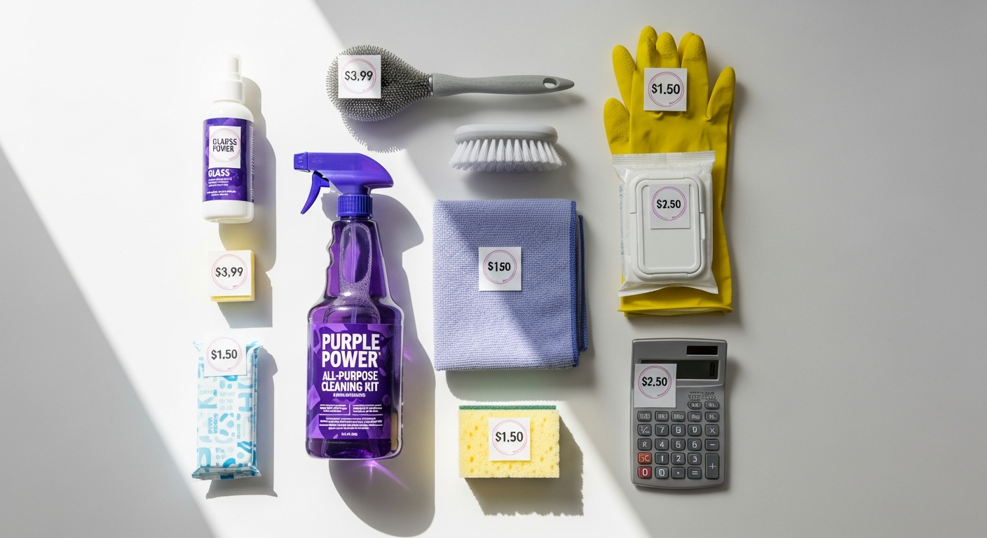Purple Power All-Purpose Cleaning Kit concentrate bottles with spray bottles and dosing chambers displayed