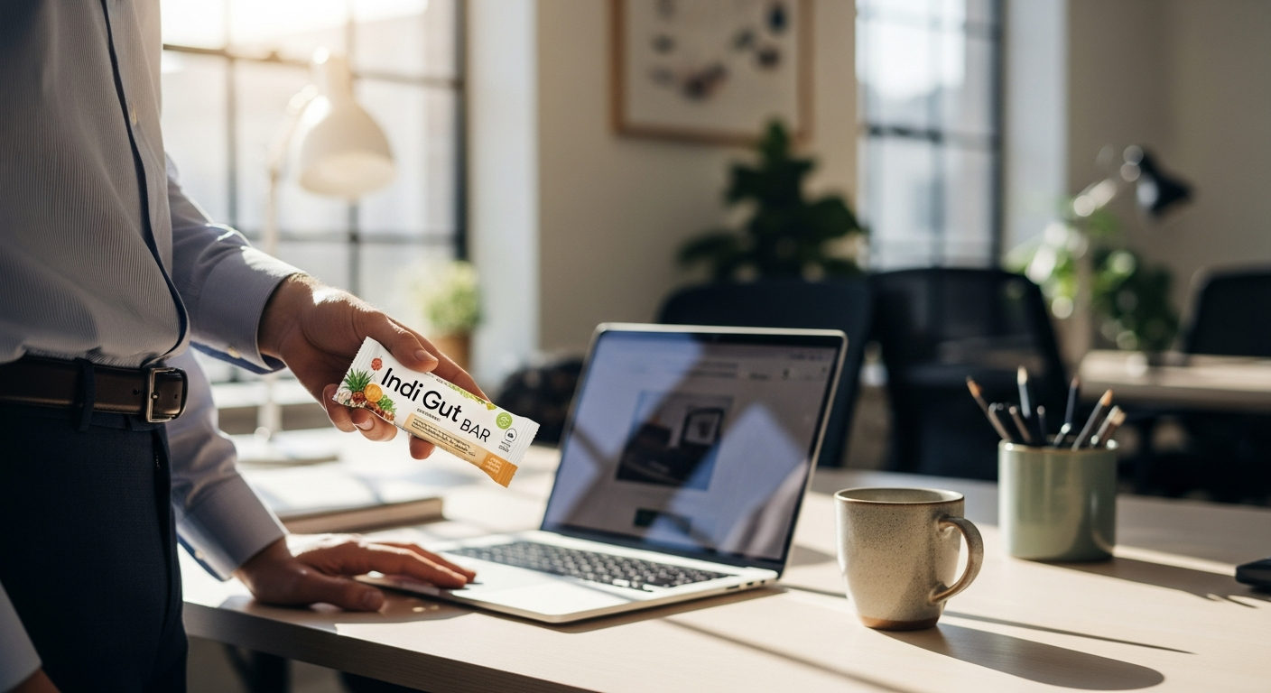 Indi Gut Bars displayed with fresh plant-based ingredients and vitamin supplements on white background