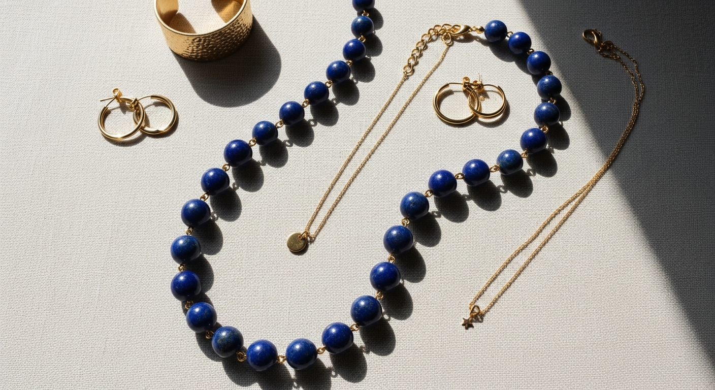 Jane Win Chunky Lapis Bead Chain Necklace in 14k gold plating with distinctive blue lapis bead detail