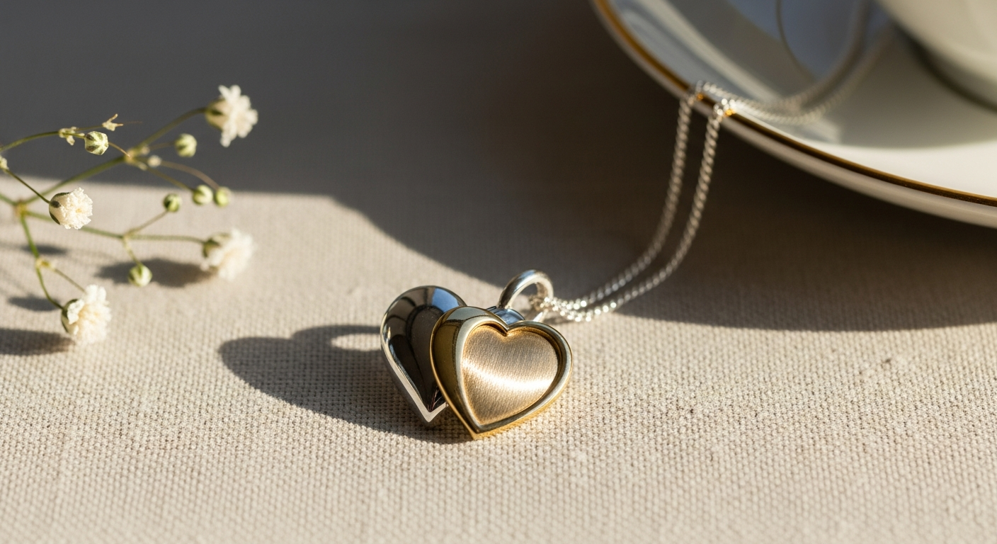 Jane Win LOVE Full-Heart Pendant Necklace in sterling silver and 14k gold plating displayed on elegant chain