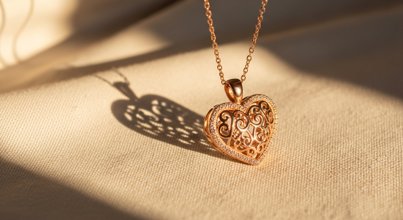 Jane Win LOVE Full-Heart Pendant Necklace in sterling silver with intricate fronds detailing and JW logo inscription