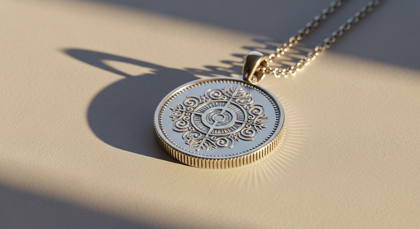 Jane Win Original Symbolic Coin Pendant in 14k gold-plated sterling silver displayed on a delicate chain necklace