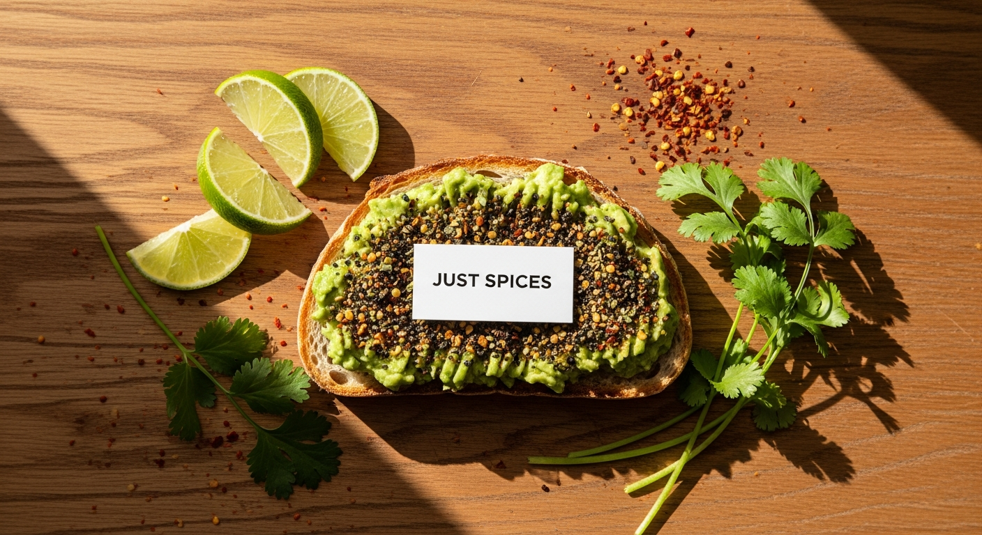 Just Spices Avocado Topping Seasoning Blend in resealable container with visible sea salt flakes, black sesame seeds, and colorful peppercorns