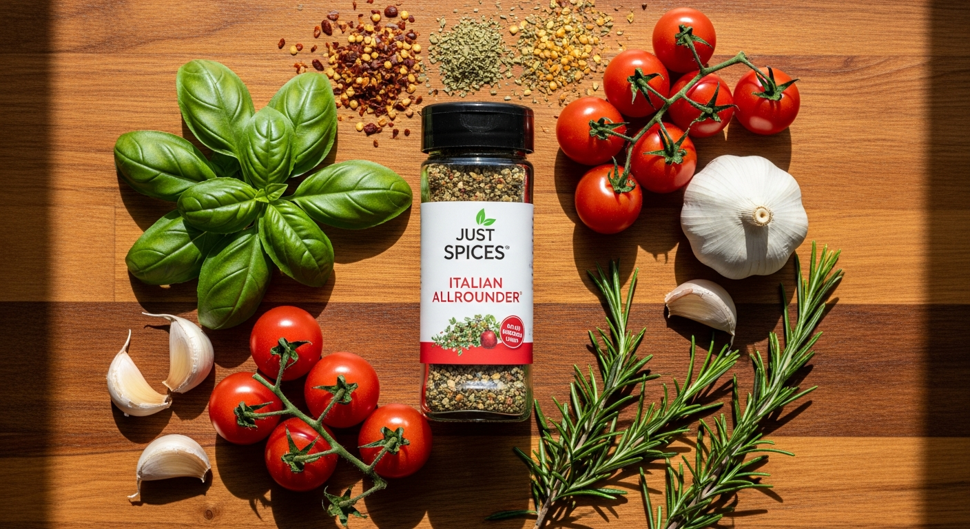 Just Spices Italian Allrounder spice blend in a container with Mediterranean herbs and spices displayed