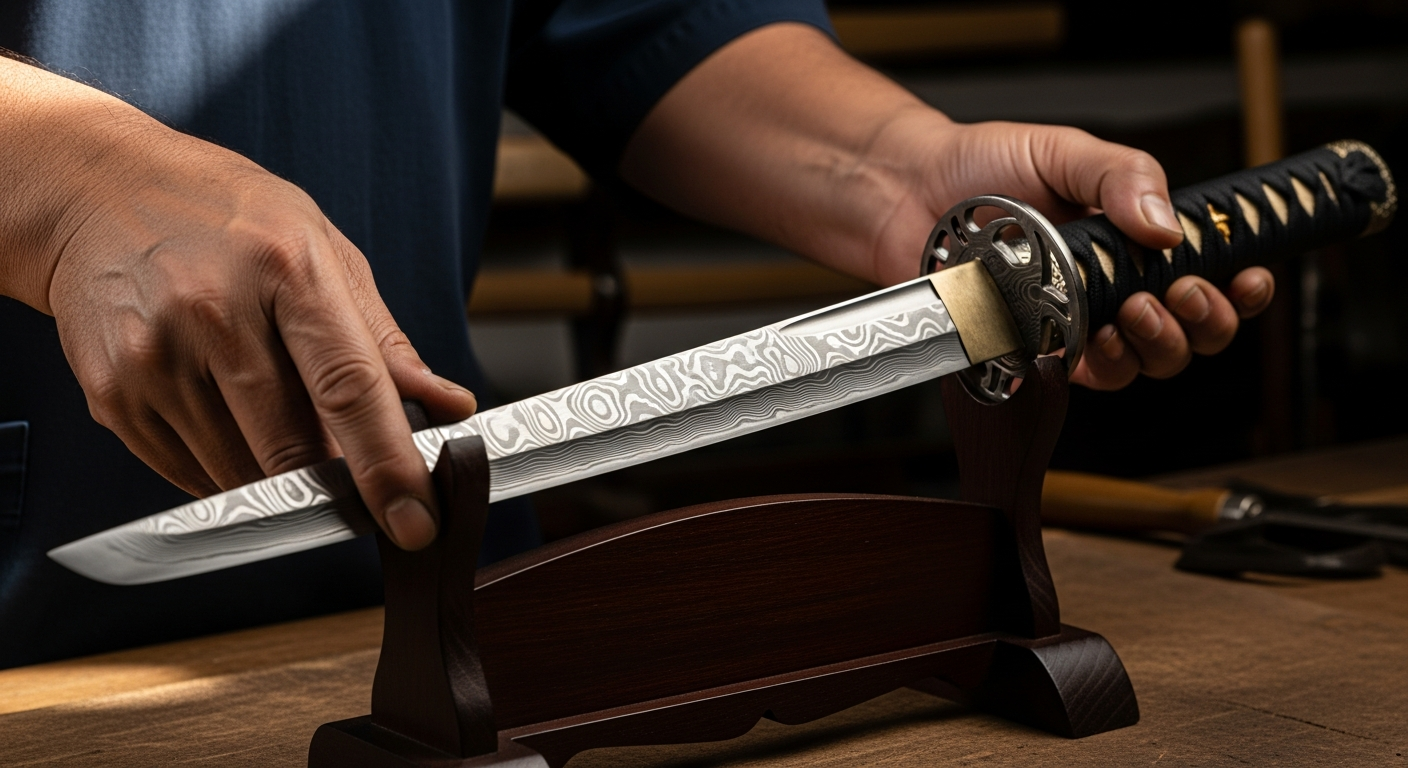 Master craftsman hand-forging a custom katana blade with traditional Japanese techniques and tools