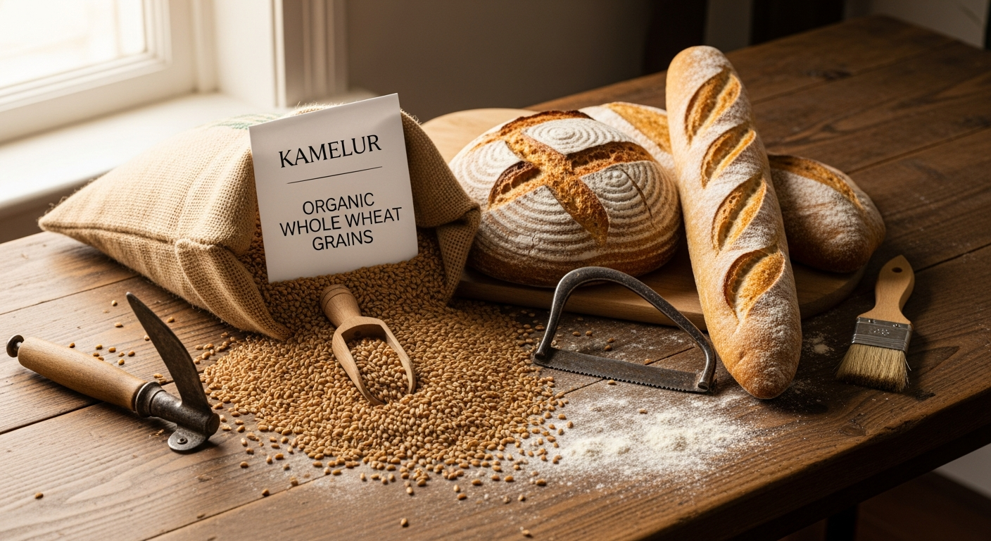 Kamelur Organic Whole Wheat Grain package displayed with fresh baked artisanal bread loaves