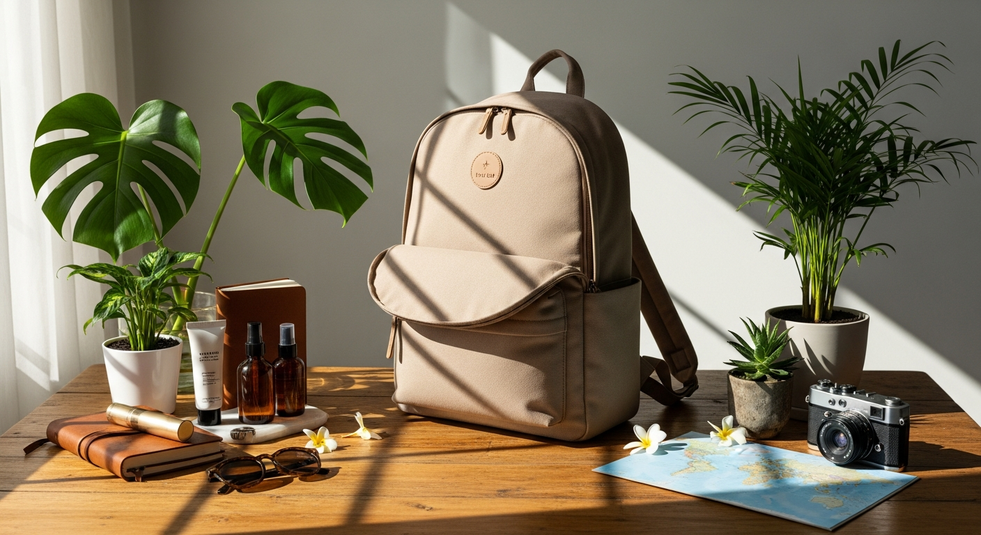 Kapten and Son Bali Backpack in neutral color displayed against white background showing front compartments