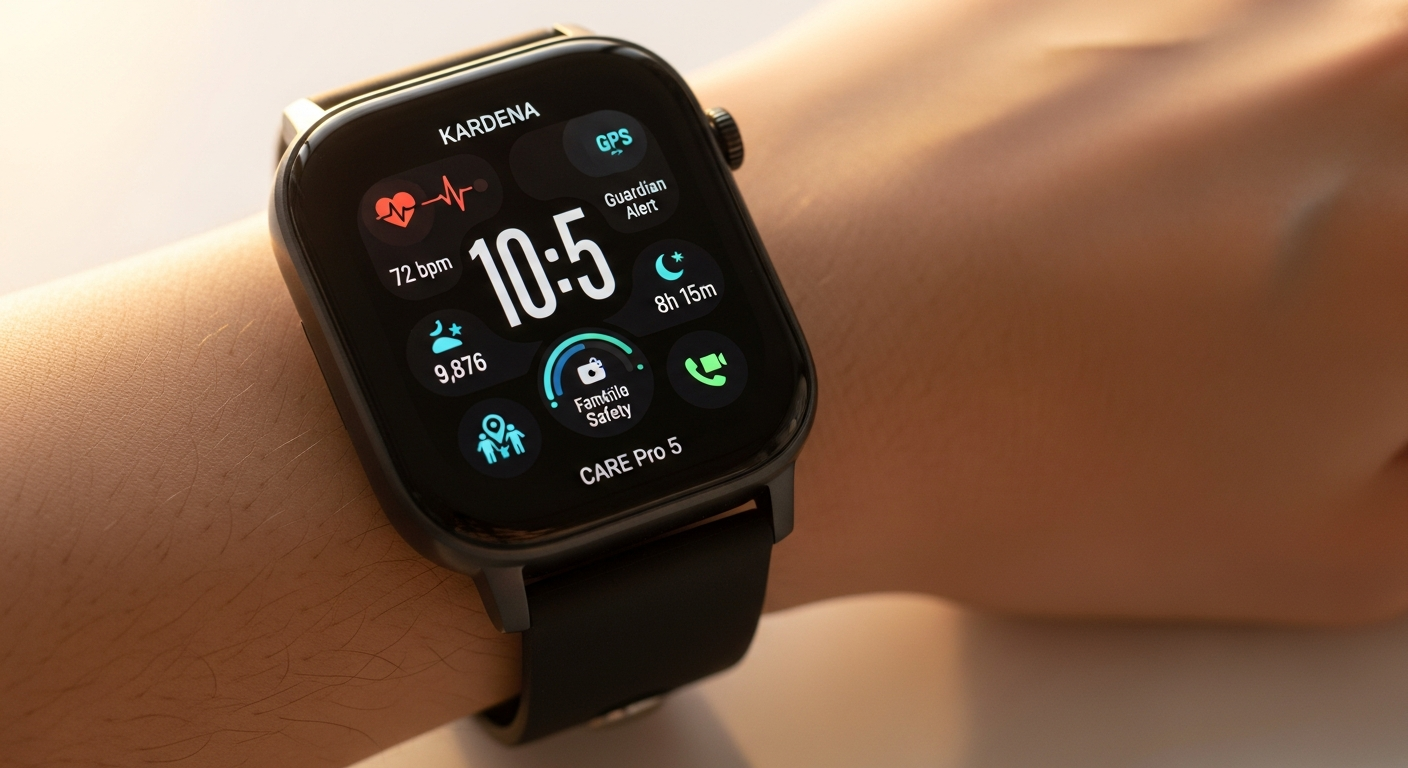 Kardena CARE Pro 5 Health Smartwatch displaying vital signs and emergency SOS features on AMOLED screen