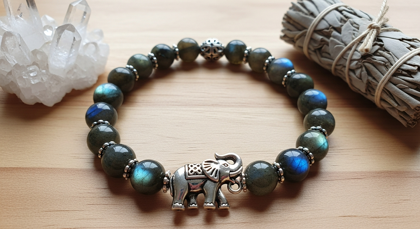Mind Nourisher Labradorite Elephant Bracelet with iridescent blue-green beads and silver elephant charm on elastic band