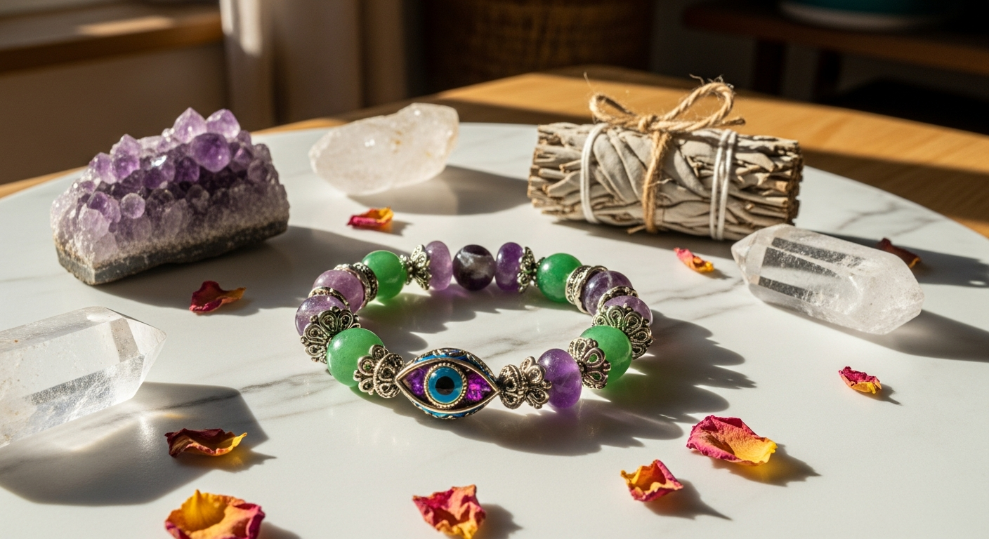Prosperity Magnet Jade Amethyst Evil Eye Bracelet with sterling silver components and stretch design