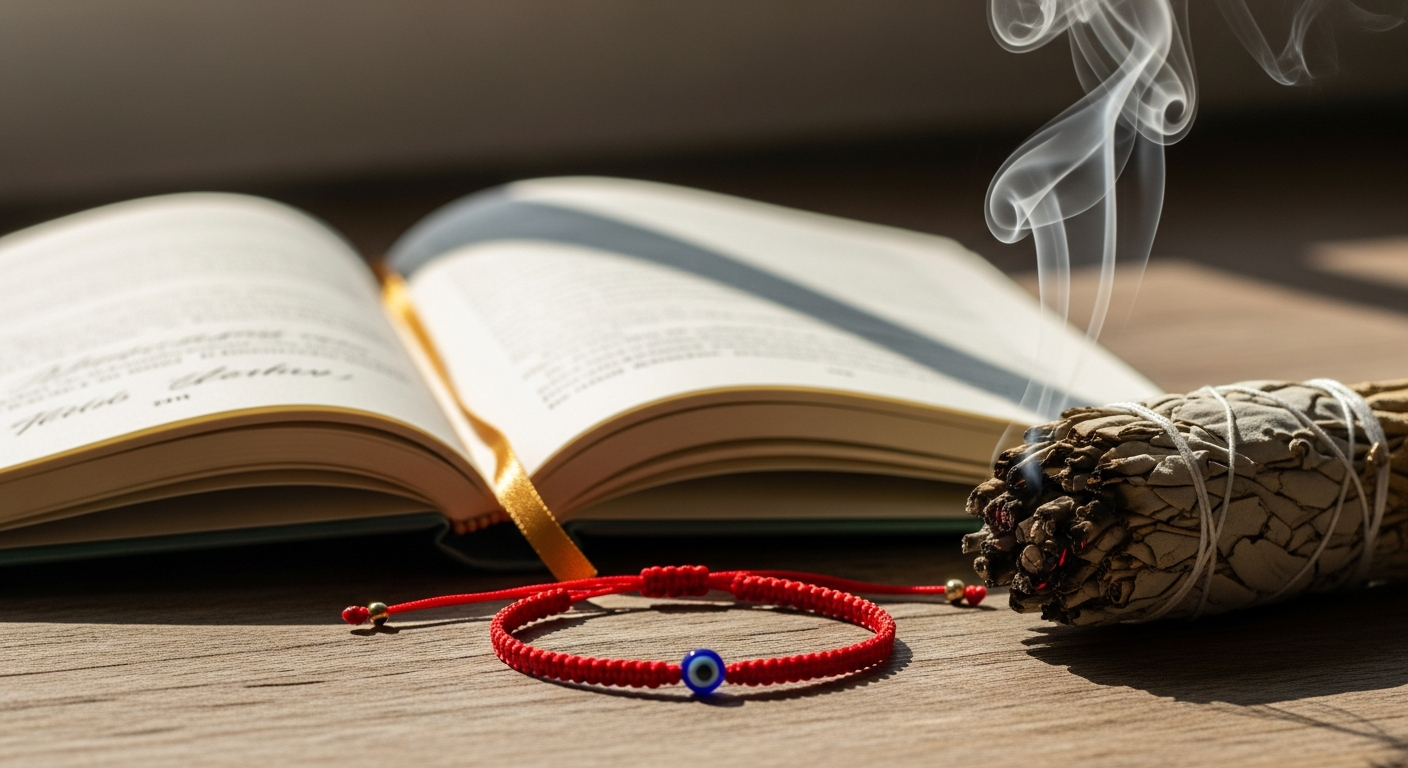 Red string evil eye bracelet with natural gemstones displayed on white background