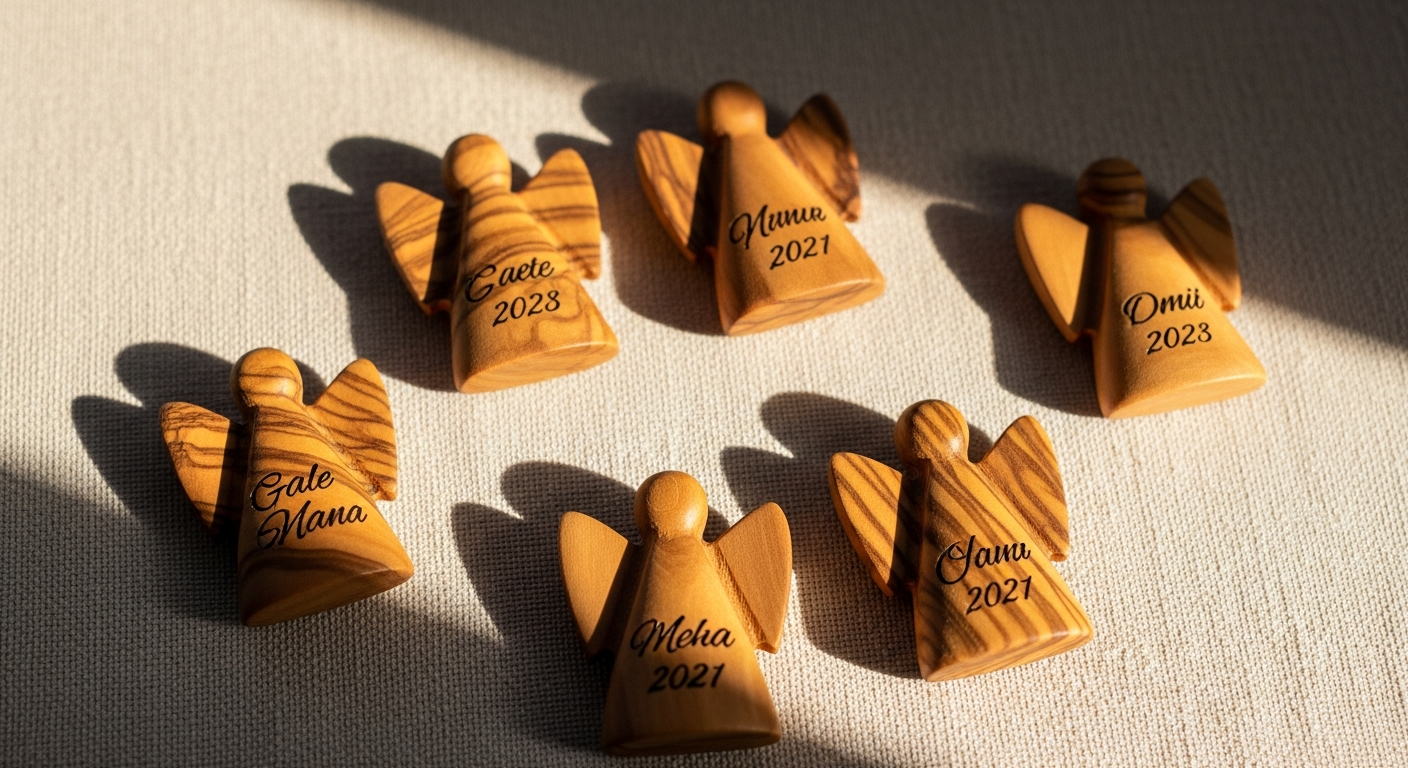 Handcrafted olive wood guardian angel worry stone with personalized engraving from Bethlehem