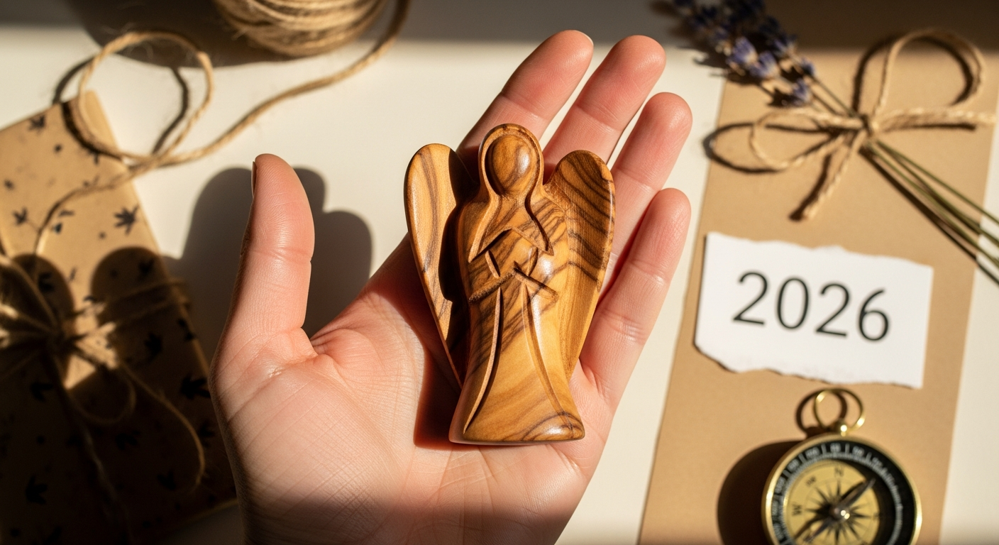 Handcrafted olive wood guardian angel palm stone with personalized engraving from Bethlehem