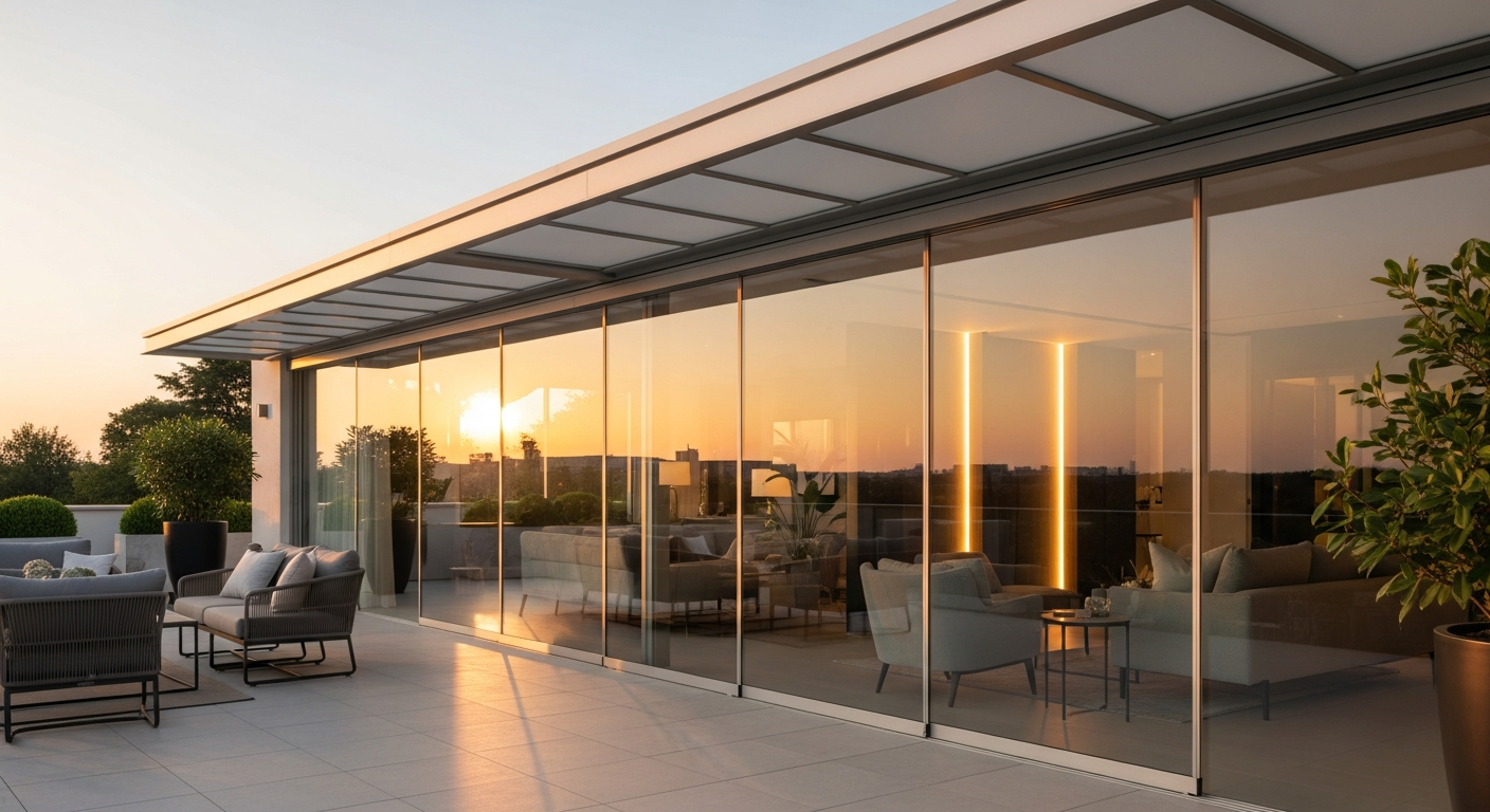 Modern glazen schuifwanden installed on a terras overkapping creating a bright, weather-protected outdoor living space