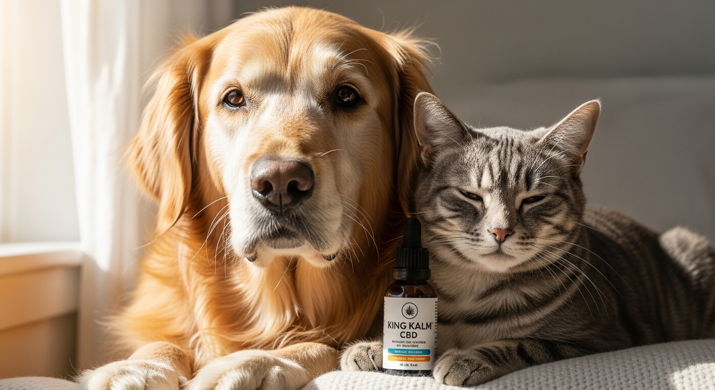 Senior golden retriever resting peacefully on a comfortable bed with King Kalm CBD oil bottle nearby