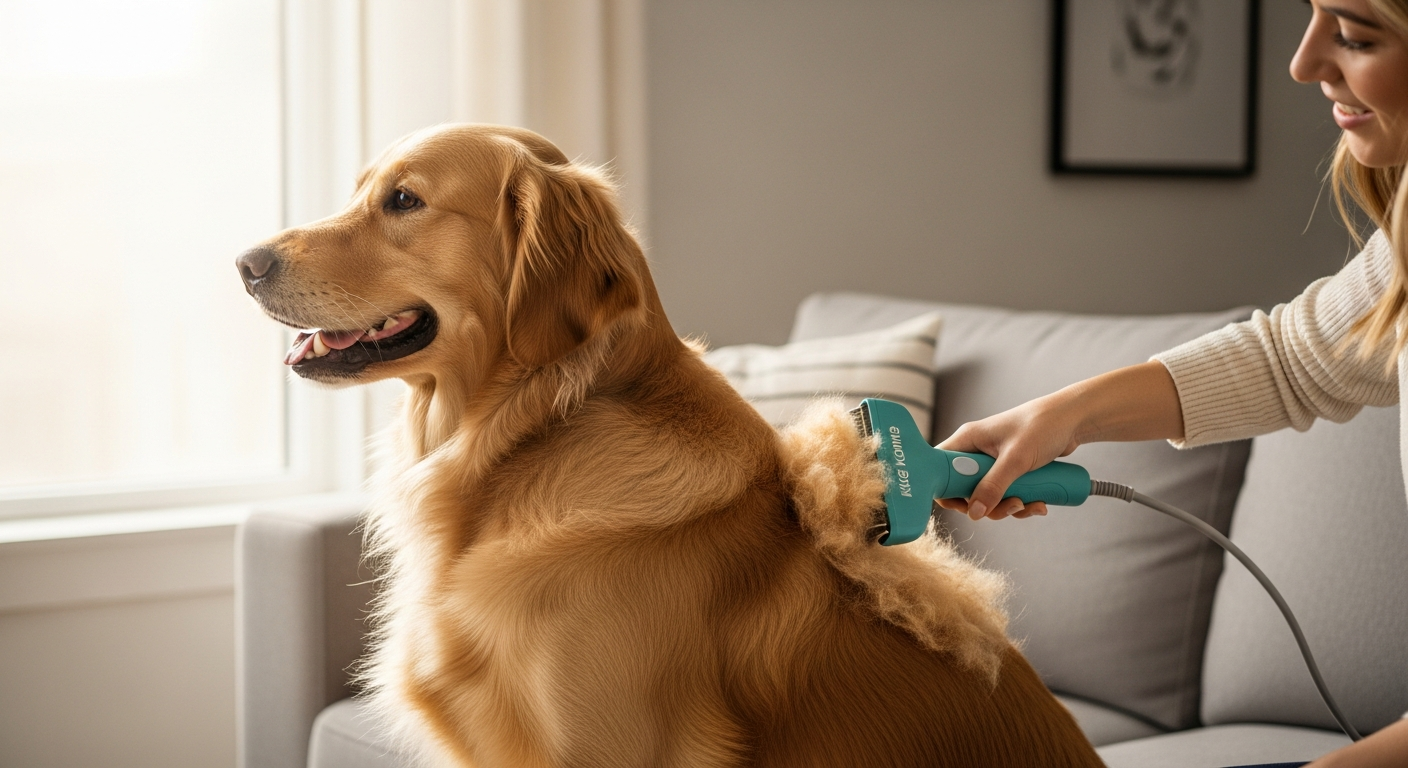 King Komb Ultimate Pet Deshedding Tool with dual-sided design featuring rubberized bristles and retractable stainless steel blades for pet grooming