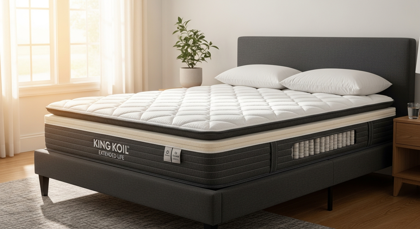 King Koil Extended Life Medium Mattress showing coil system, graphite-infused foam layers, and durable construction design