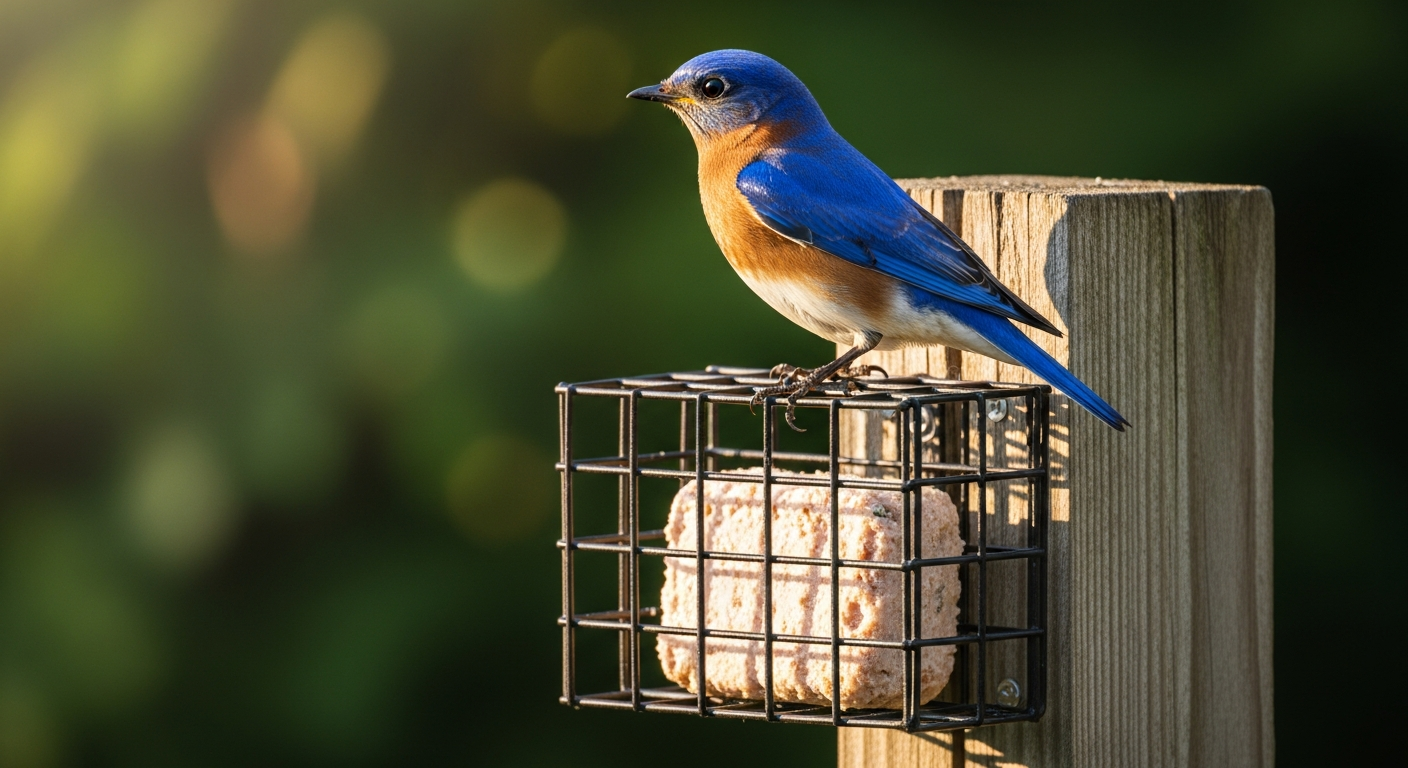 Metal caged squirrel-proof suet feeder protecting songbirds from squirrels and larger birds