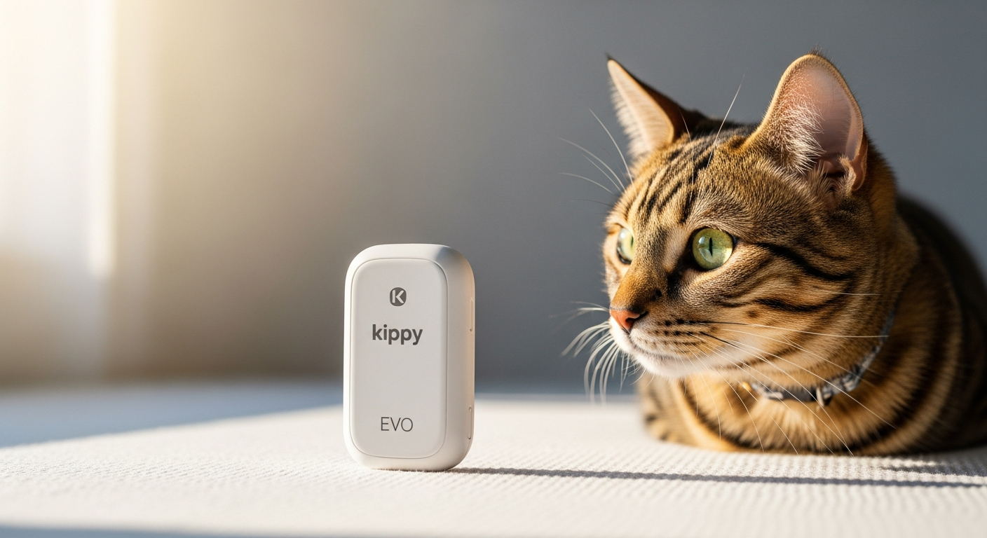 Kippy EVO GPS pet tracker device displayed on white background showing lightweight design and waterproof construction