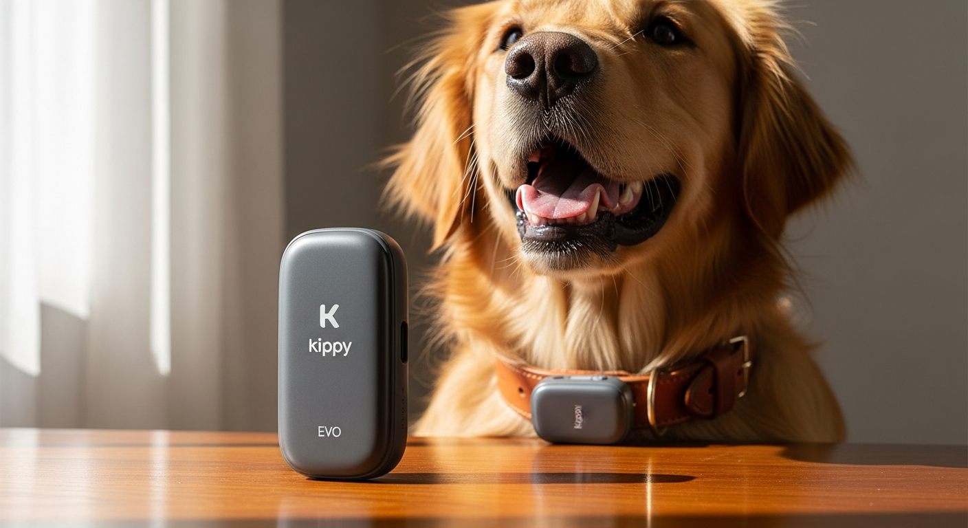Kippy EVO GPS pet tracker device shown attached to a dog collar with smartphone displaying real-time location tracking map