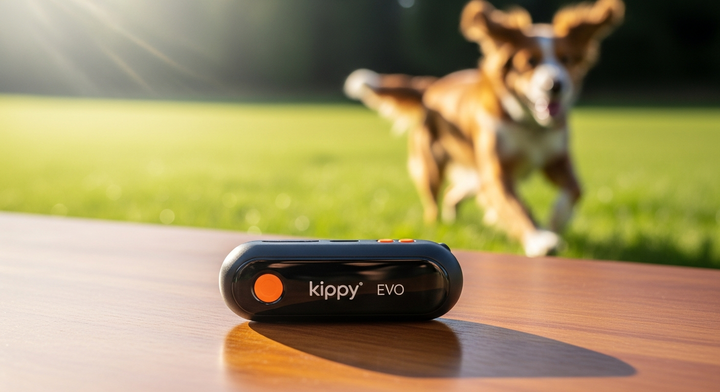 Kippy EVO GPS pet tracker device displayed on a pet's collar showing real-time location tracking