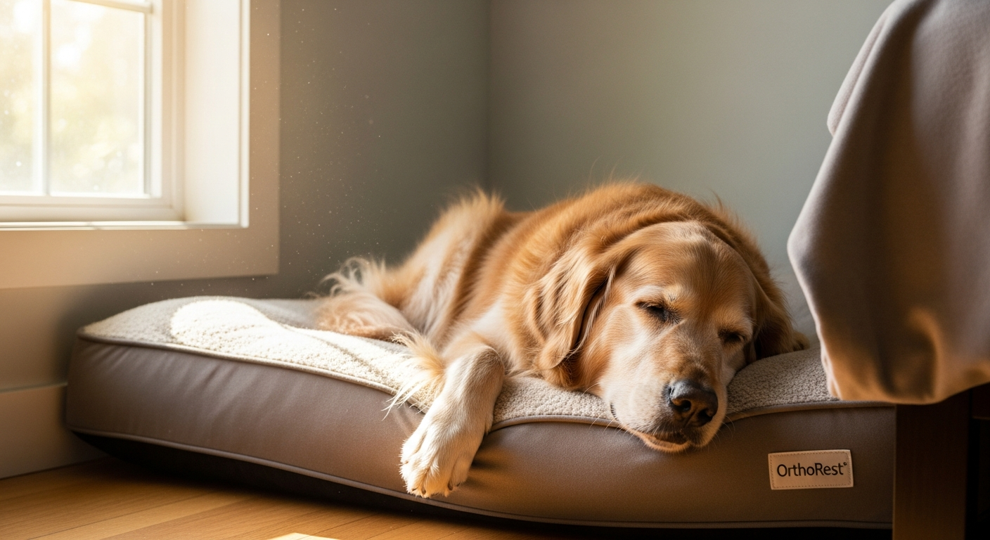 Senior dog sleeping peacefully on Knuffelwuff Orthopedic Dog Bed Madison with memory foam support