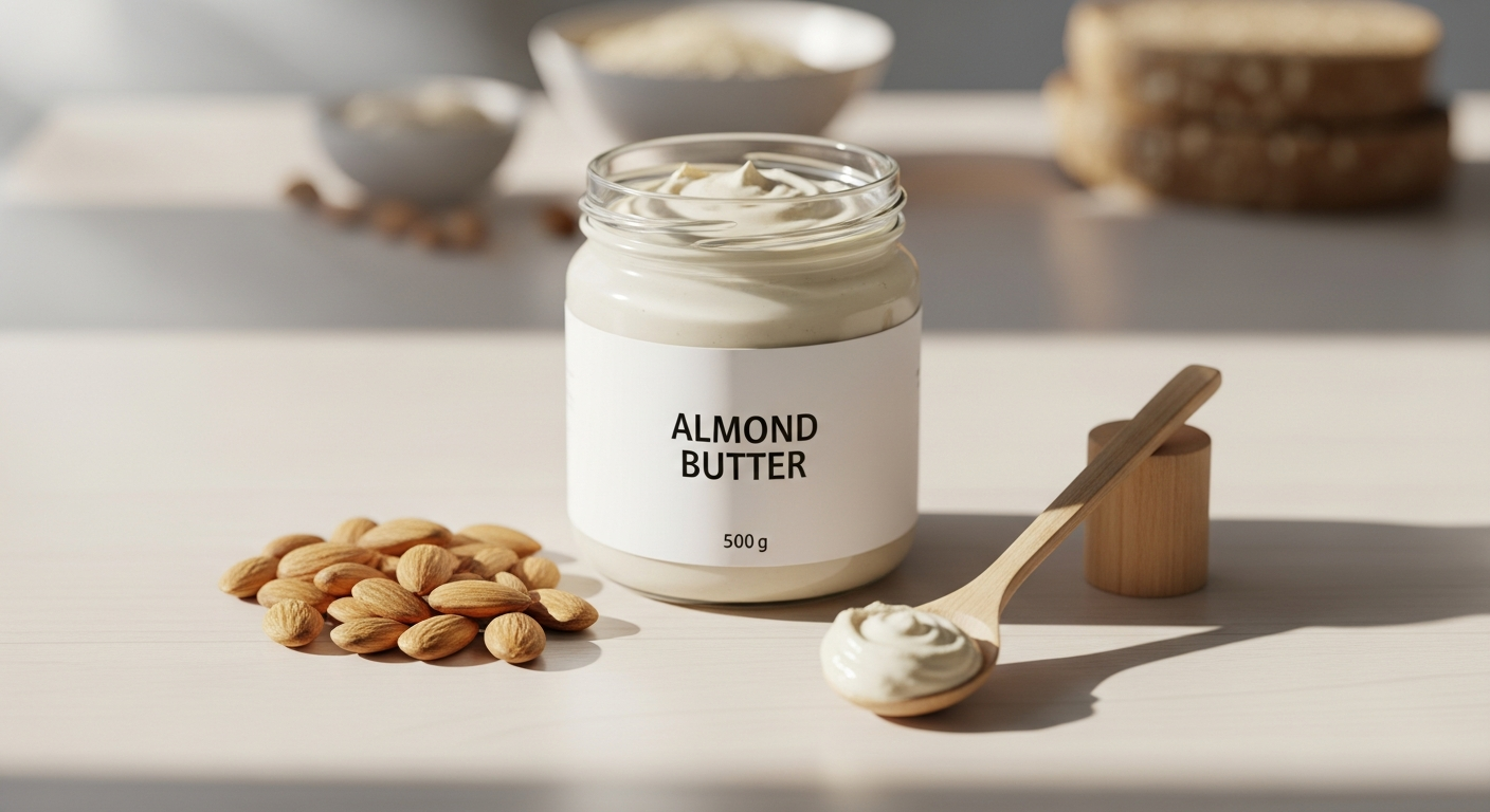 KoRo White Almond Butter 500g jar displayed with fresh almonds and creamy spread on wooden surface